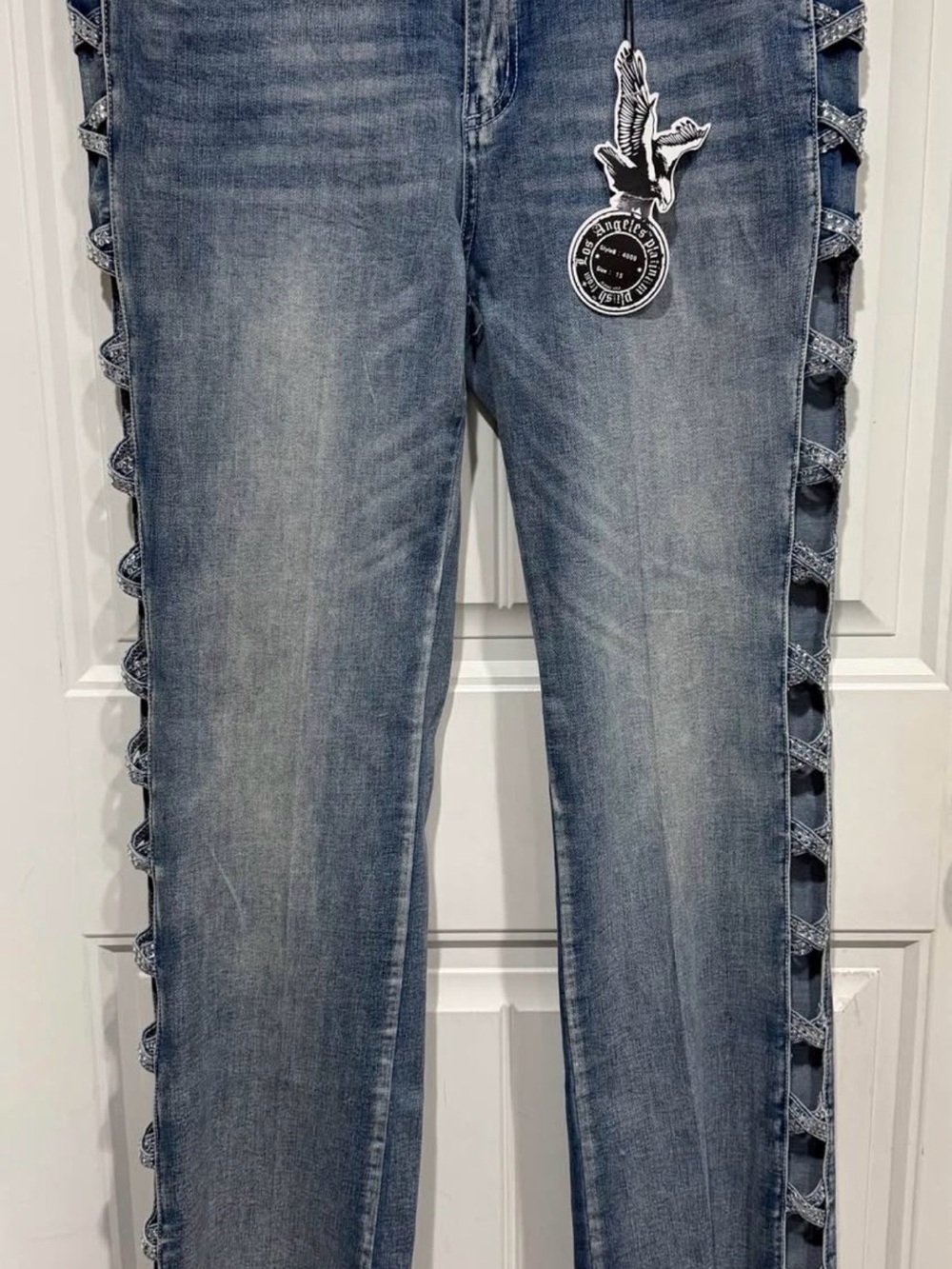 Platinum Plush Blue Denim Jeans with a Rhinestone X Design